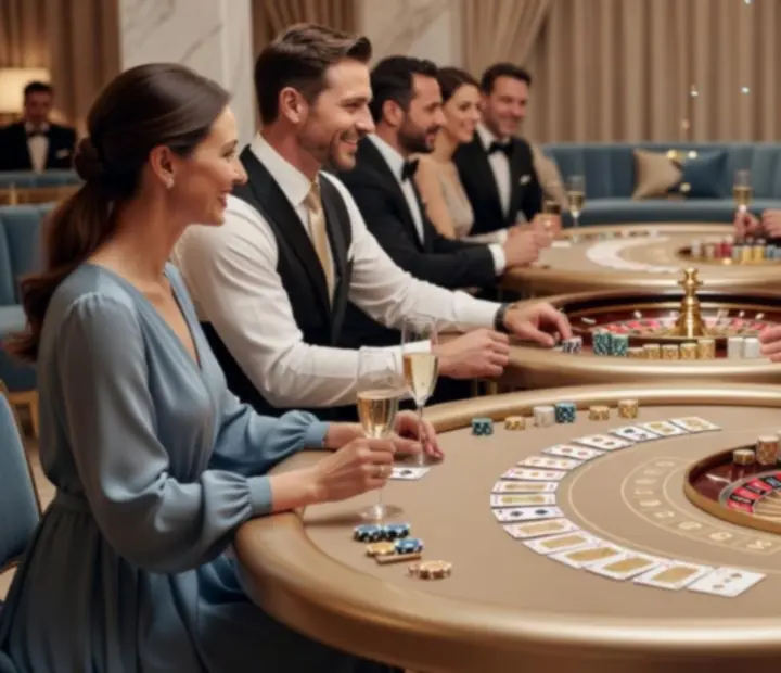 Stylowe stoły pokerowe i ruletka podczas eleganckiego wieczoru kasyno night.