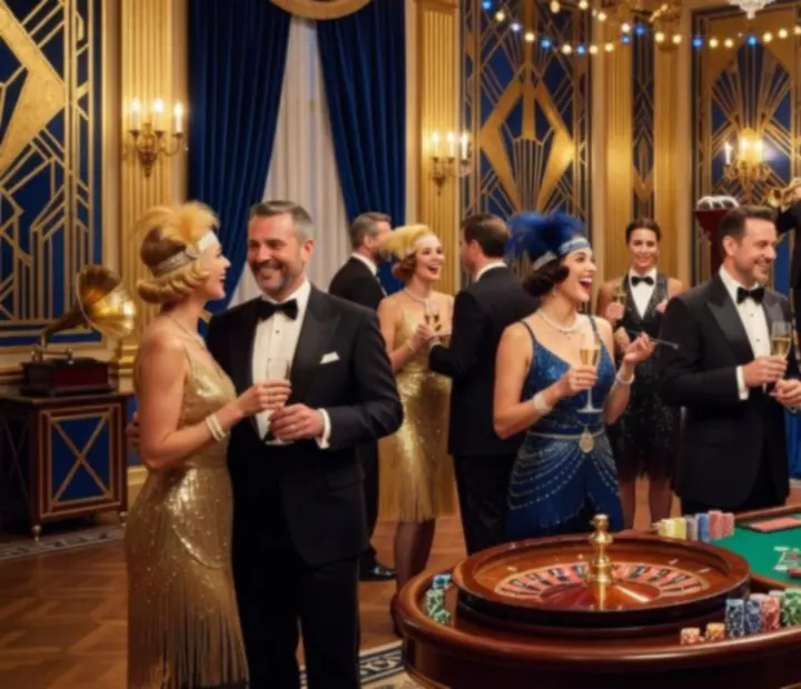 Impreza w klimacie lat 20. z dekoracjami w stylu Wielkiego Gatsby'ego i eleganckimi gośćmi.