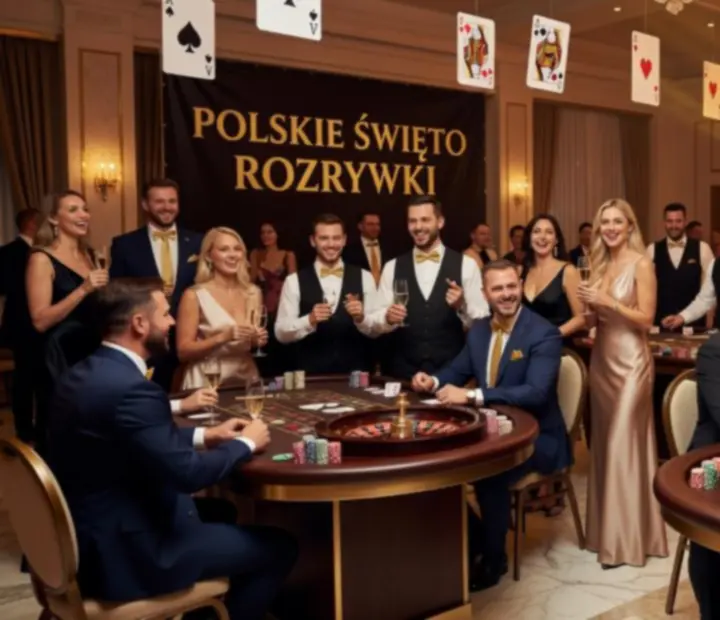 Elegancka impreza tematyczna z mobilnym kasynem, rozświetlonymi stołami i gośćmi w wieczorowych stylizacjach.