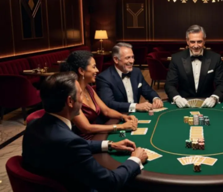 Elegancki pokerowy wieczór Wonderstar s. r. o. z profesjonalnym stołem, krupierem i gośćmi bawiącymi się przy kartach.