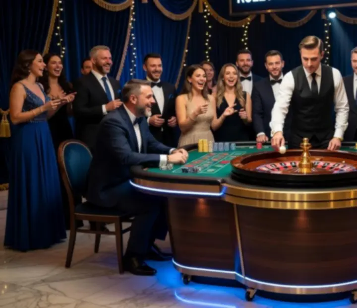 Nowoczesna stacja ruletki z elegancką oprawą świetlną i prowadzącym.